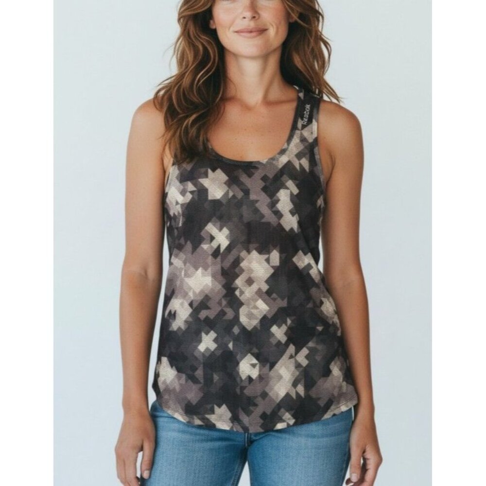 Reebok Womens Digital Camo Print Tank Top Size M Gray & Black Lightweight Active